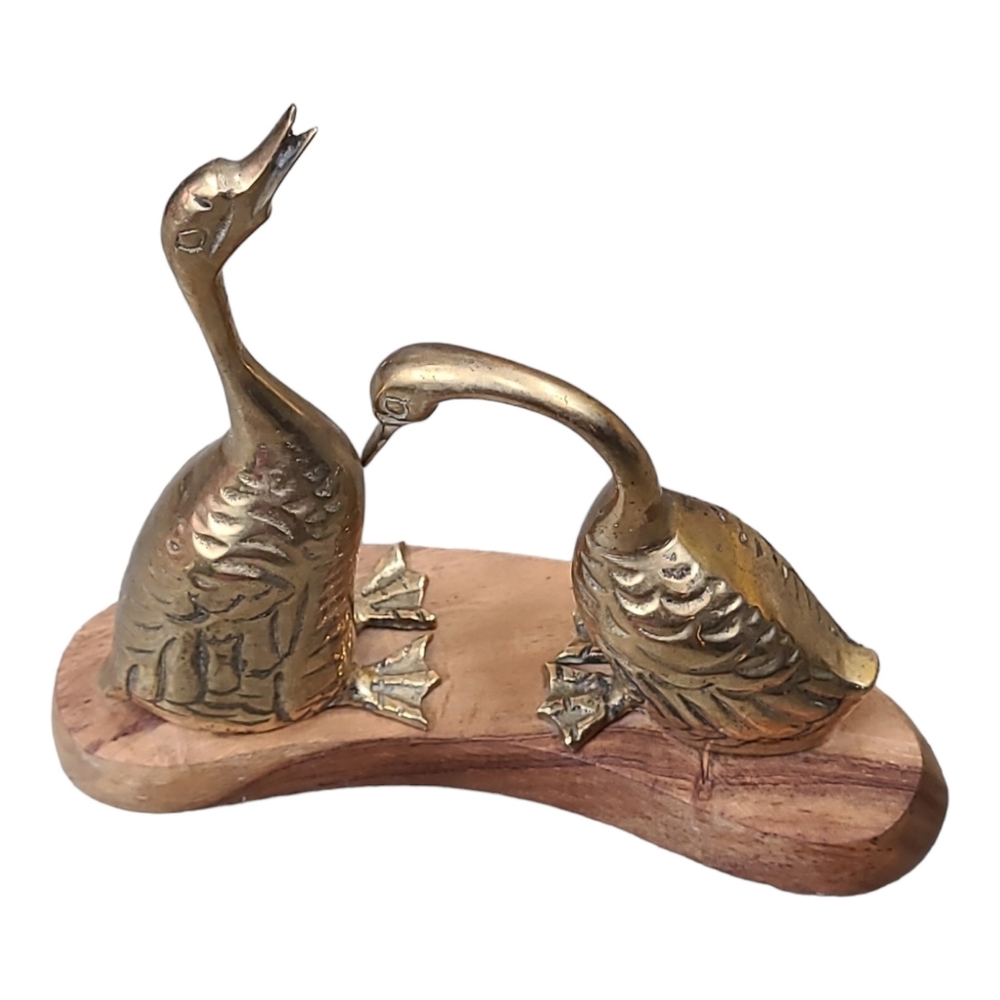 Vintage MCM Brass Geese on Hardwood Stand
